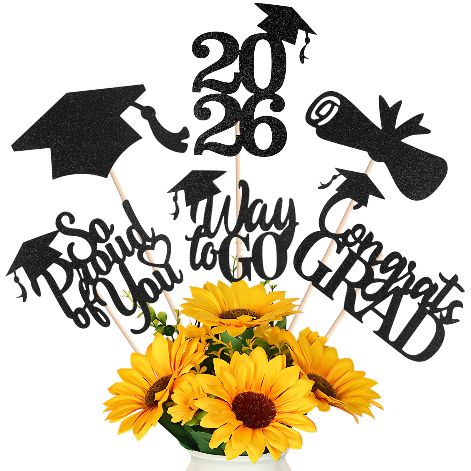 Graduation Decorations 2026, 24 PCS Class of 2026 Double-Sided Centerpieces with Sticks, Black Glitter Grad Table Toppers and Party Supplies for Cake or Photo Booth