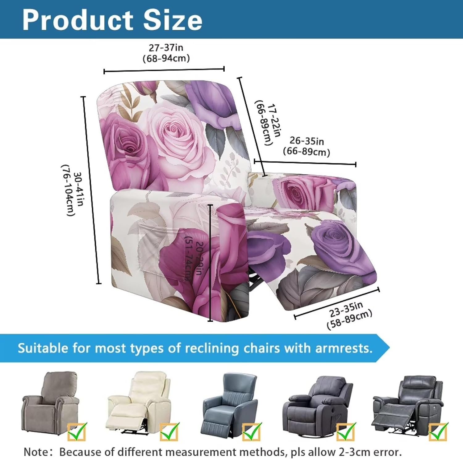 FOR U DESIGNS Roses Purple White Breathable Recliner Chair Slipcovers 4-Pc Set Non Slip for Reclining Sofas with Storage Pockets Kid-Proof Protection Machine Washable