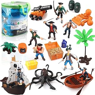 Kids Pirate Action Figures Play Set with Bucket,Pirate Toys with Boat Treasure Chest Cannons Octopus Ship and Other Access...