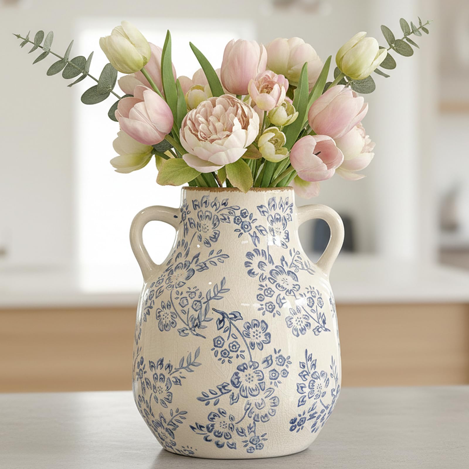 Vase en céramique vintage bleu grand vase rétro avec poignée