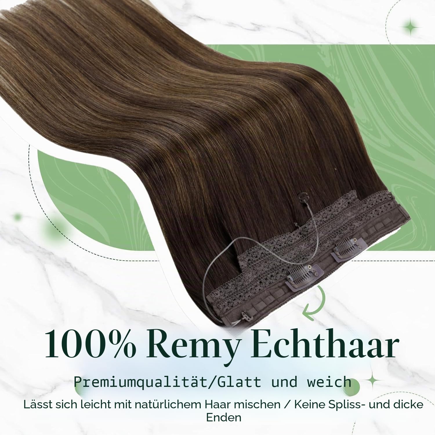 RUNATURE Draht Extensions Echthaar Braun Balayage 40cm 80g #2/2/6 | Verstellbarer Draht Mit Remy Haar – Hitzebeständig, Pflegeleicht. Glatter Balayage-Verlauf, Verhedderfrei, Seidig.