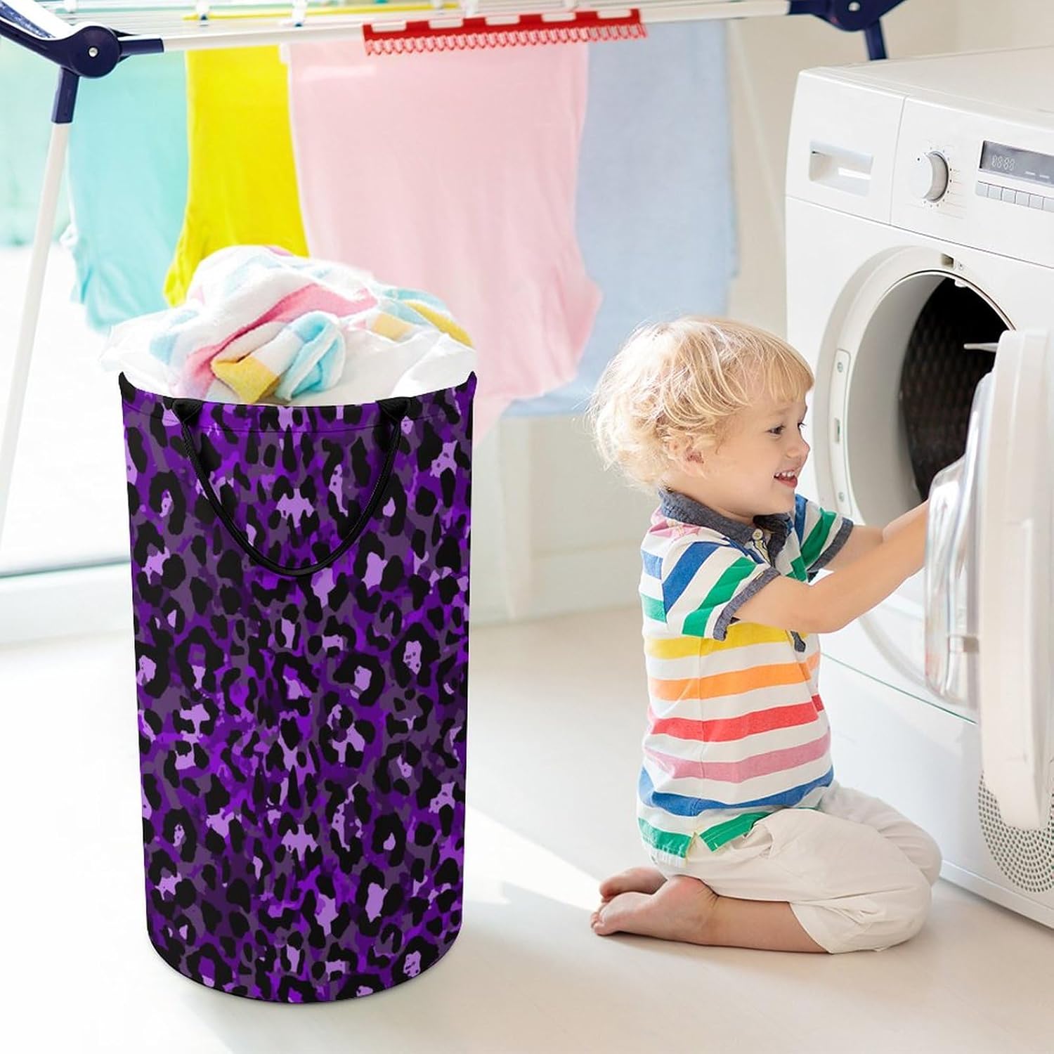 Large Waterproof Laundry With Handles, Easy Storage Basket, Freestanding Laundry Hamper, Tall Clothes Hamper Compatible with Purple Cheetah Leopard Print