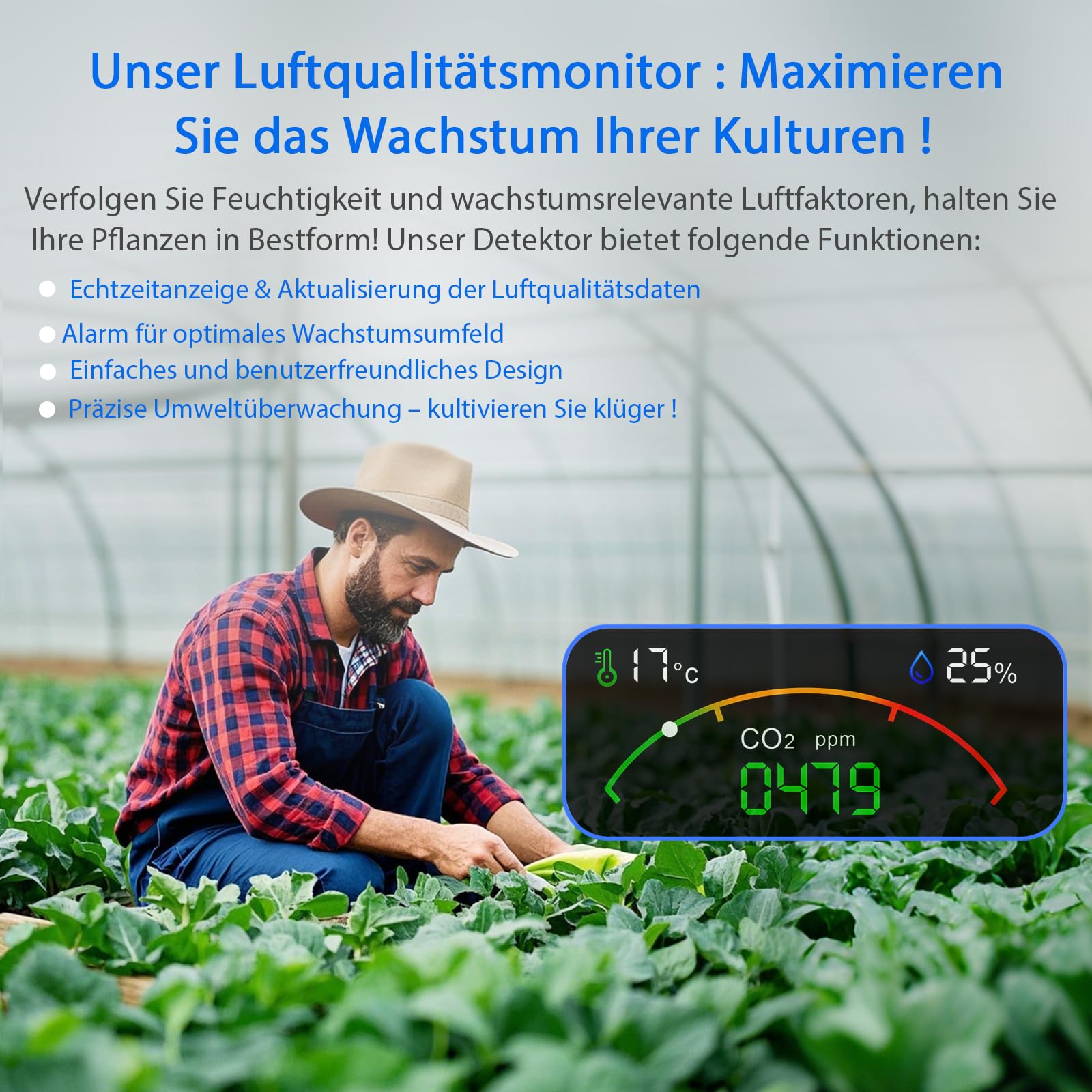 Professioneller Luftqualitätsmessgerät CO₂ – 5-in-1 Luftqualitätsmonitor für Innenräume,präziser CO₂ Messgerät zur Messung von CO2,HCHO, TVOC,Temperatur & Luftfeuchtigkeit,ideal für Zuhause, Büro