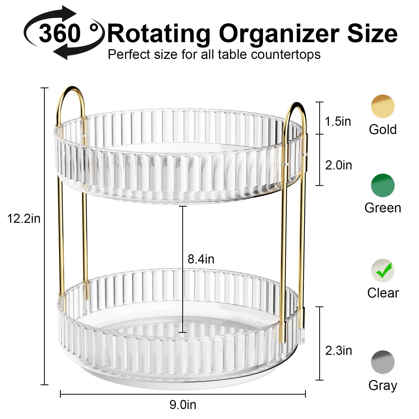 GTI 360° Rotating Makeup Organizer, 2 Tier Bathroom Counter Organizer,Large Capacity Perfume Cosmetics Skincare Vanity Organizers, Dresser Spinning Countertop Organizer and Storage for Women (Clear)