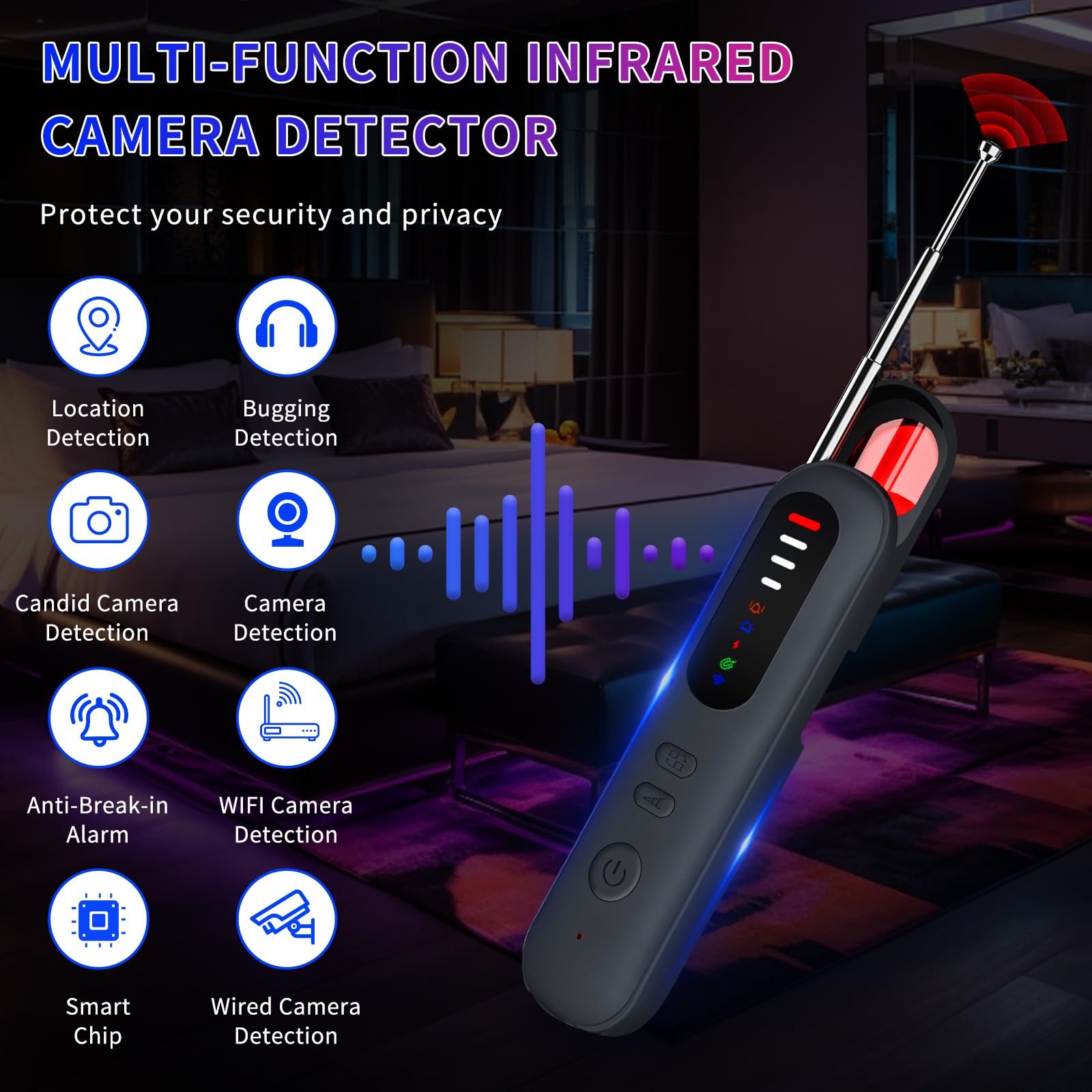 Detecteur de Camera, Détecteur de Caméra Cachée, Scanner de Signal sans Fil RF, Anti-Espion GPS Tracker Scanner Détecter pour Bureau, Hôtel, Maison