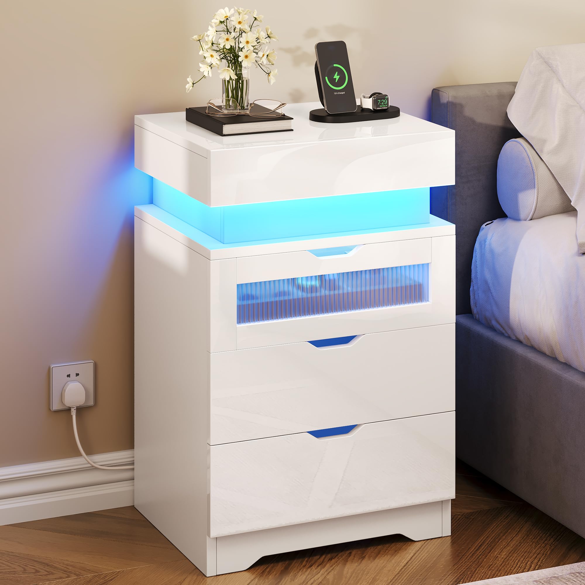 YITAHOME White Bedside Table with Charging Station, Bedside Cabinet with 3 Drawers and1 Top Drawer, Bedside Table with LED Lighting Nightstand with 2 Outlets and 2 USB Ports for Bedroom, Living Room