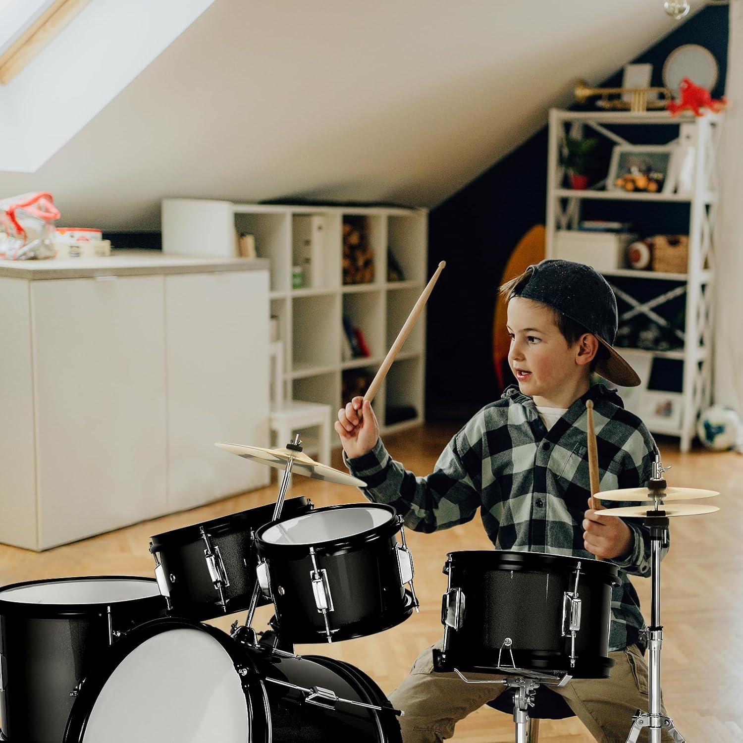 Ktaxon 5-Piece Complete Junior Drums Set, 16 Inch Beginners Drum Kit with Throne Stool, Pedal & Drumsticks, Drums Musical Instruments W/Cymbal, Hi-Hat, Floor, Tom and Snare Drum (Black)