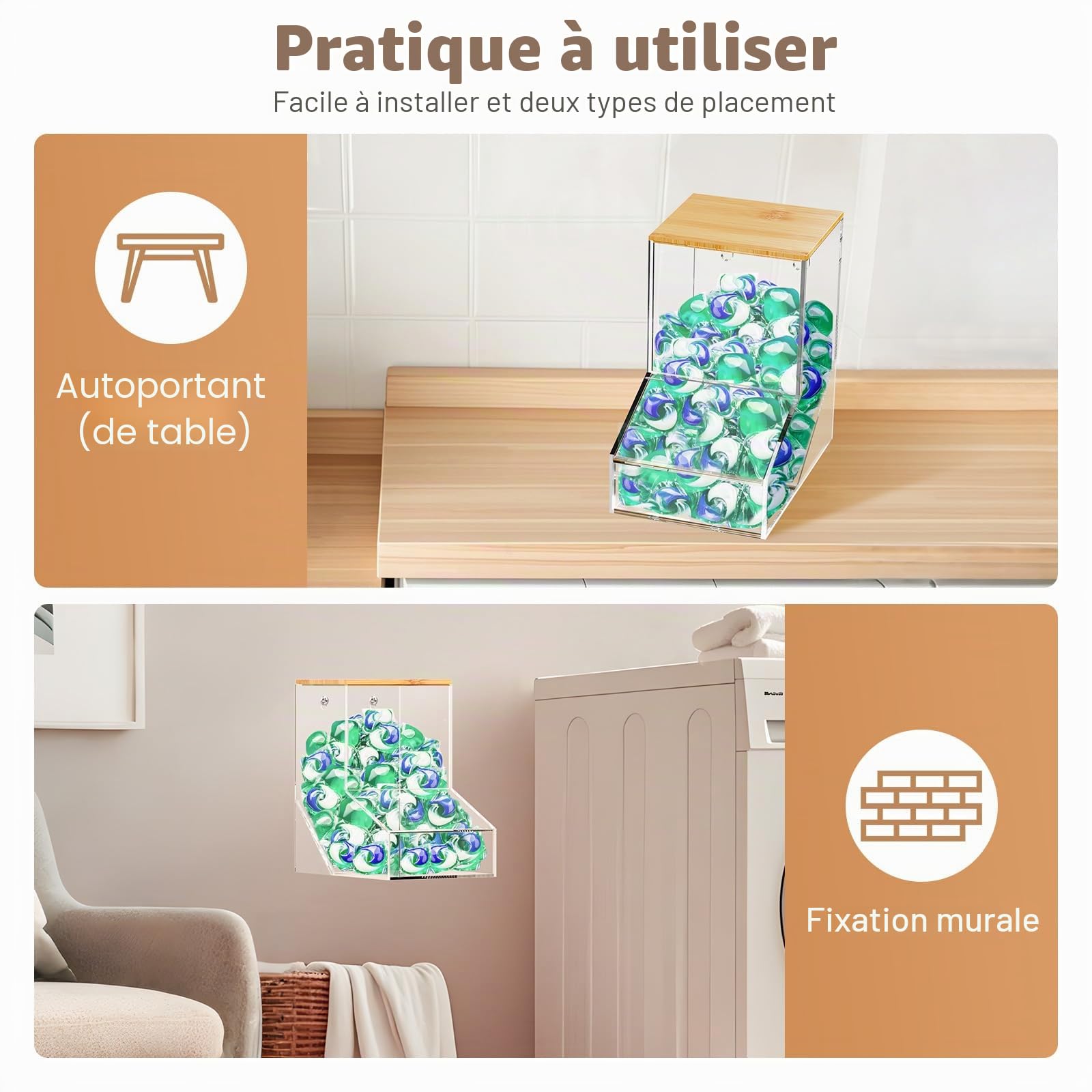 JYPS Lot de 2 Boîtes à Dosettes de Dinge, Acrylique Organisateur de détergentavec 2 Couvercles, Bureau ou Support Mural de Boite Lessive, Rangement Buanderie pour Café/Capsules/Boules/Pods
