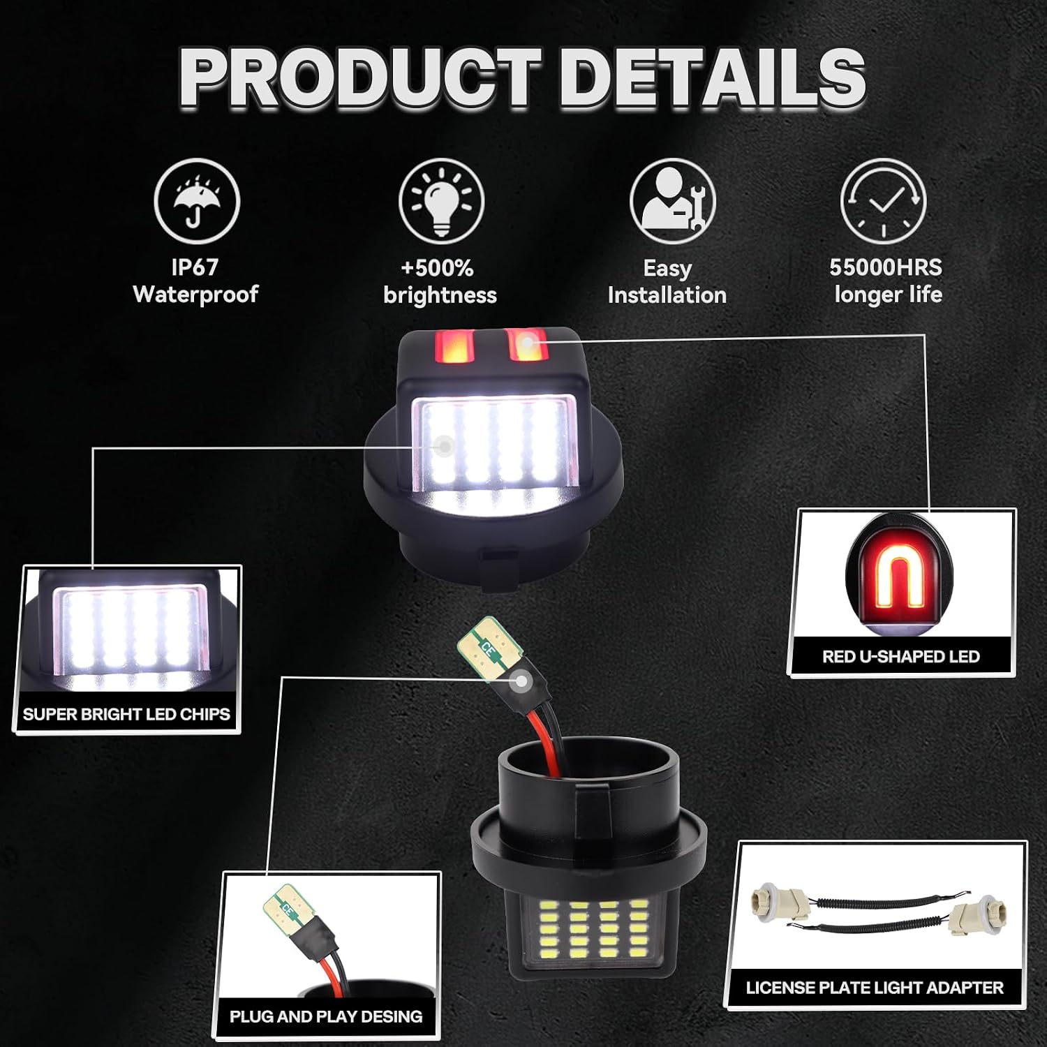 LED License Plate Light for F150 1990-2014 Rear Tag Light for Ford F250 F350 F450 F550 Super Duty Explorer Ranger Excursion Expedition Bumper Tag Lamp U-Shaped Red & White with 2 Socket Harness