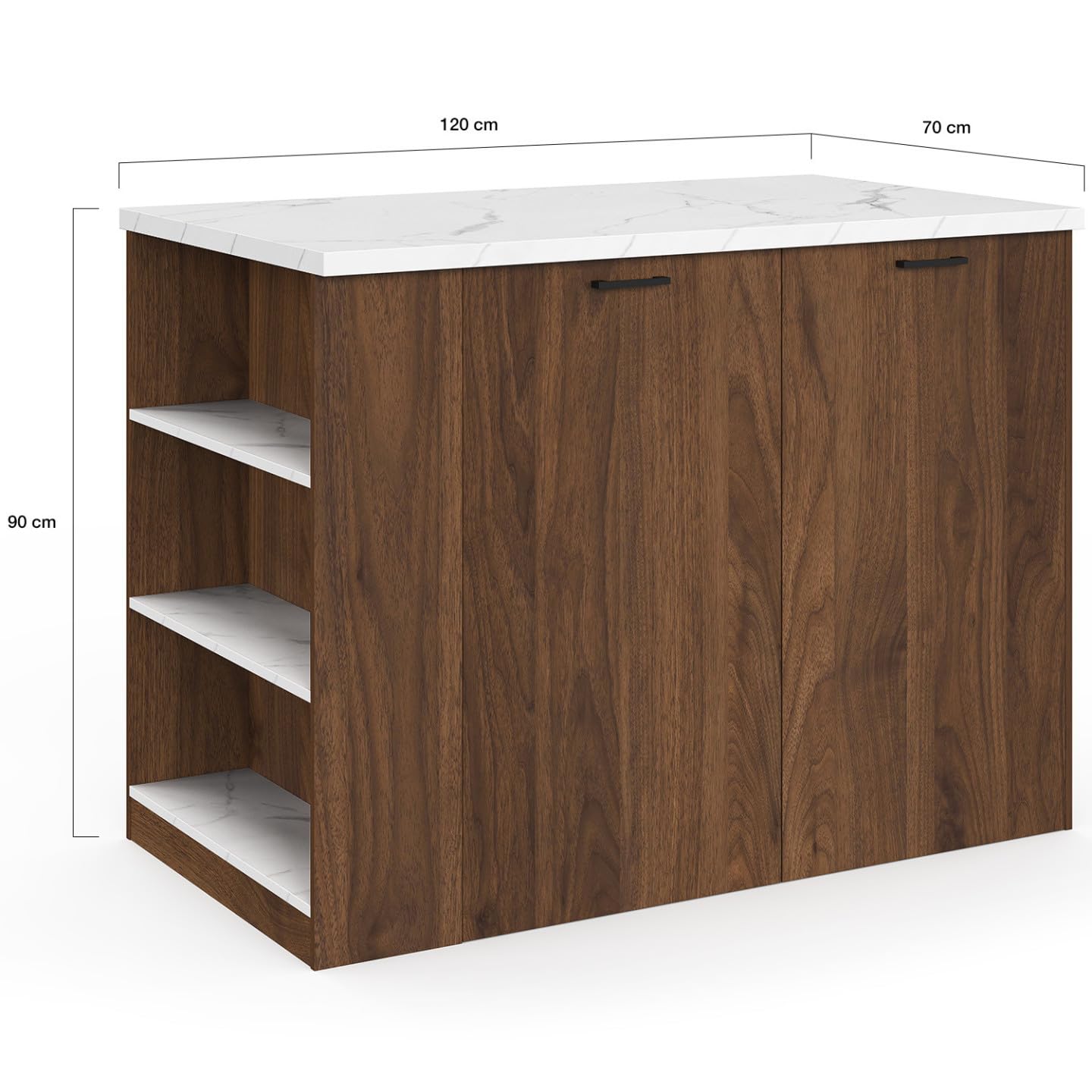 IDMarket - Ilot Central TIBO 120 cm Bois foncé Effet Noyer avec Plan de Travail Effet marbre Alaska