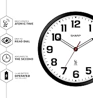 Vista 3 de Sharp Reloj de pared analógico atómico de 12 pulgadas, marco negro elegante, funciona con pilas, fácil de leer, fácil de usar, diseño
