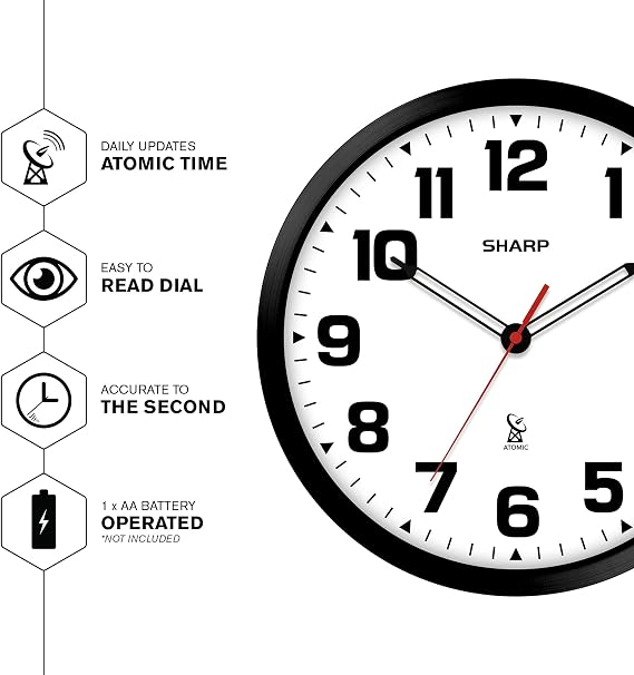 Sharp 12-Inch Atomic Wall Clock, Battery Operated, White with Black Frame