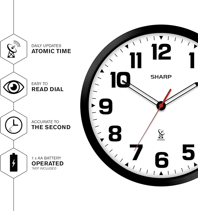 Reloj de pared analógico Sharp atómico 12 pulgadas marco negro miniatura 5