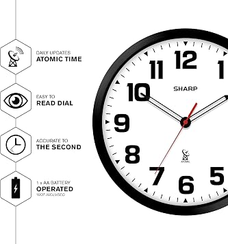 Sharp 12-Inch Atomic Wall Clock, Battery Operated, White with Black Frame