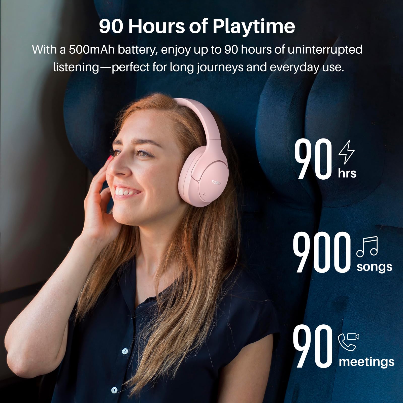 TOZO HT3 Hybrid Noise Cancelling Wireless Headphones, 90H Over Ear Headset view 5