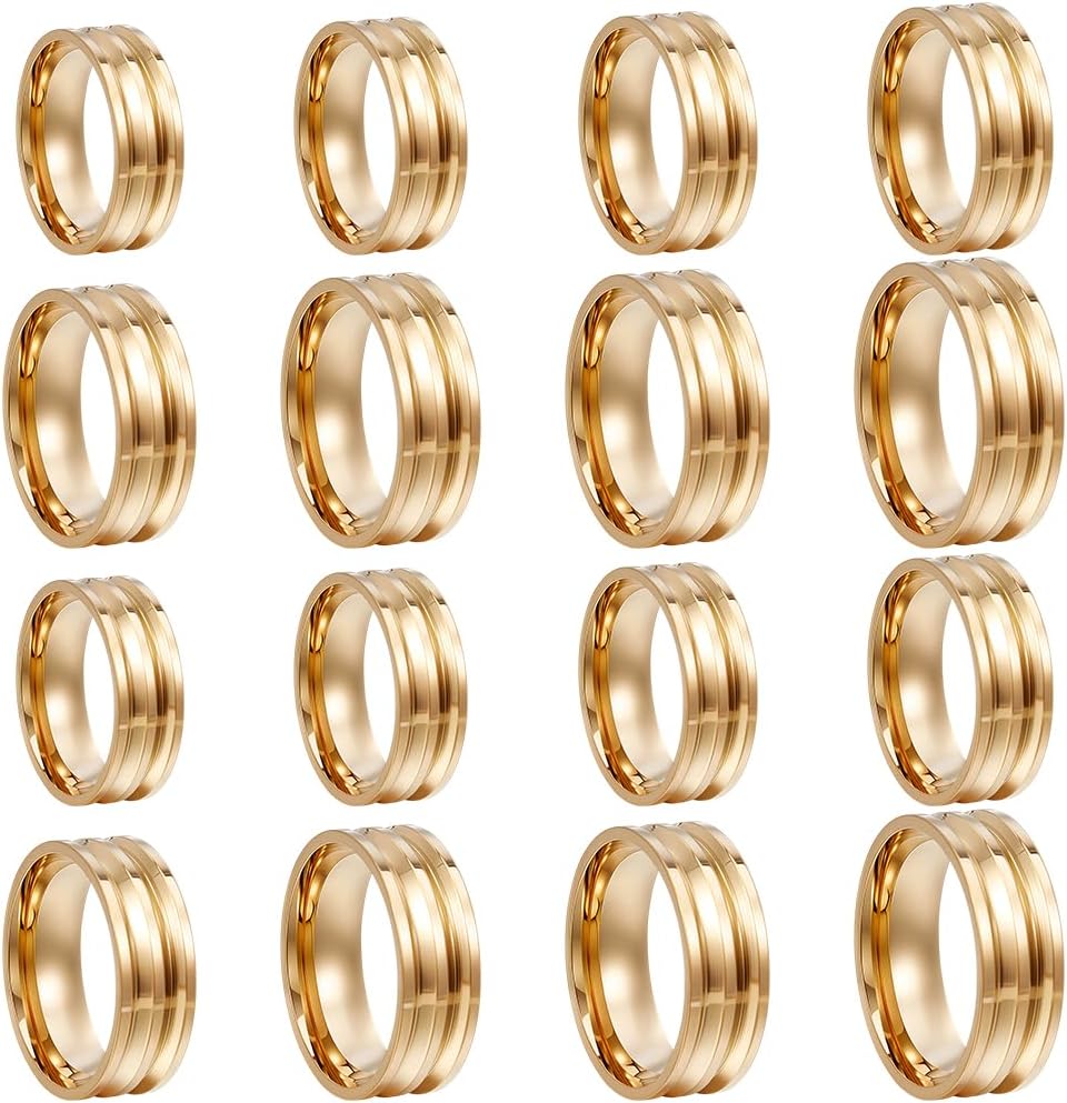 SUNNYCLUE 1 Box 16Pcs 8 Sizes Stainless Steel Grooved Ring Gold Inlay Ring Blanks Bulk Metal Round Core US Size 6/7/8/9/10/11/12/13 Empty Finger Findings for Jewelry Making DIY Crafts Supplies Women