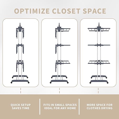 Miniatura 3 de Tendedero plegable de 3 niveles con ruedas, capacidad de 77 libras, color gris