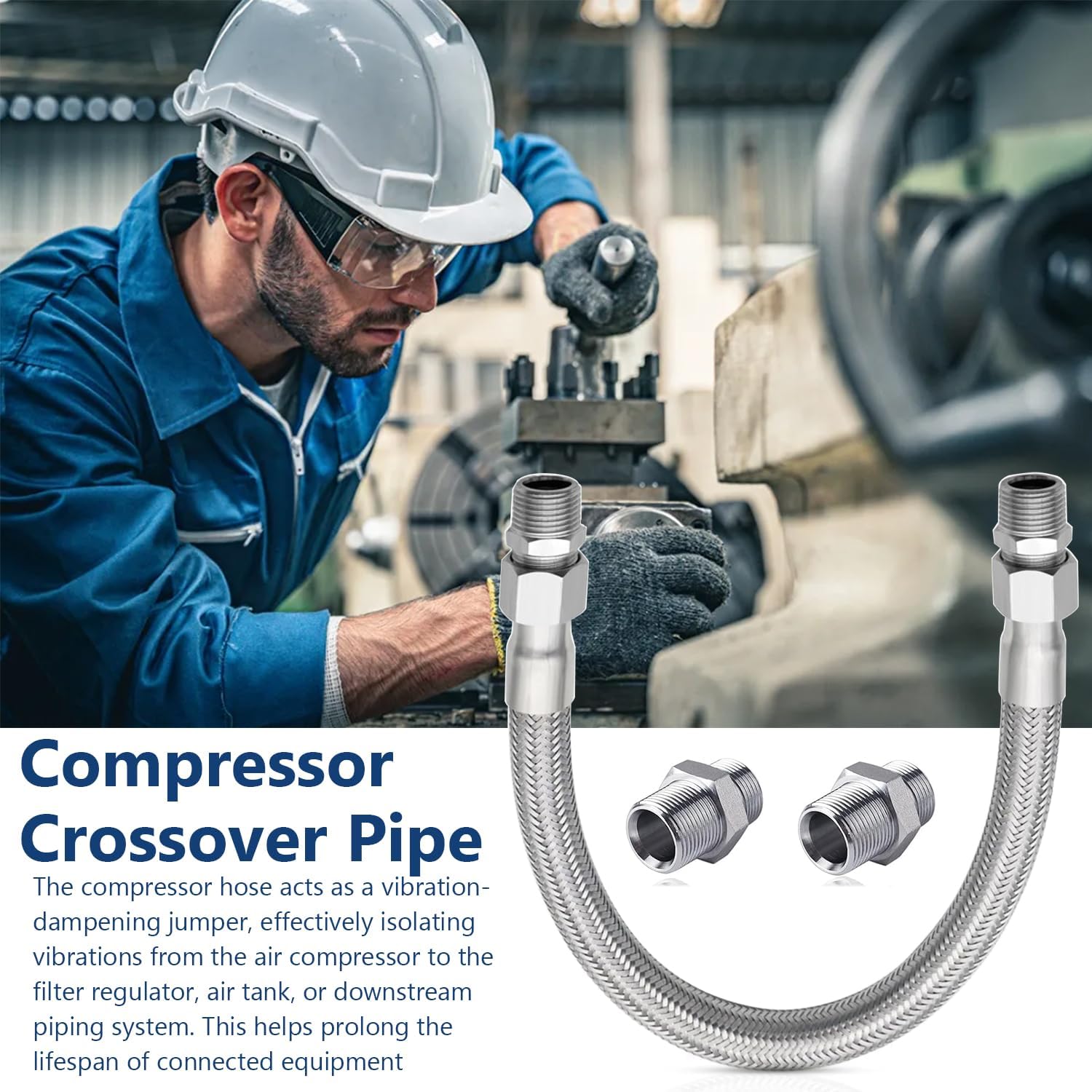 Air Compressor Hose,Compressor Jumper Hose, Flexible 450PSI Stainless Steel Metal Line with Two 3/4" NPT Male Connectors,20" Length, Both Sides Fittings Rotate Freely