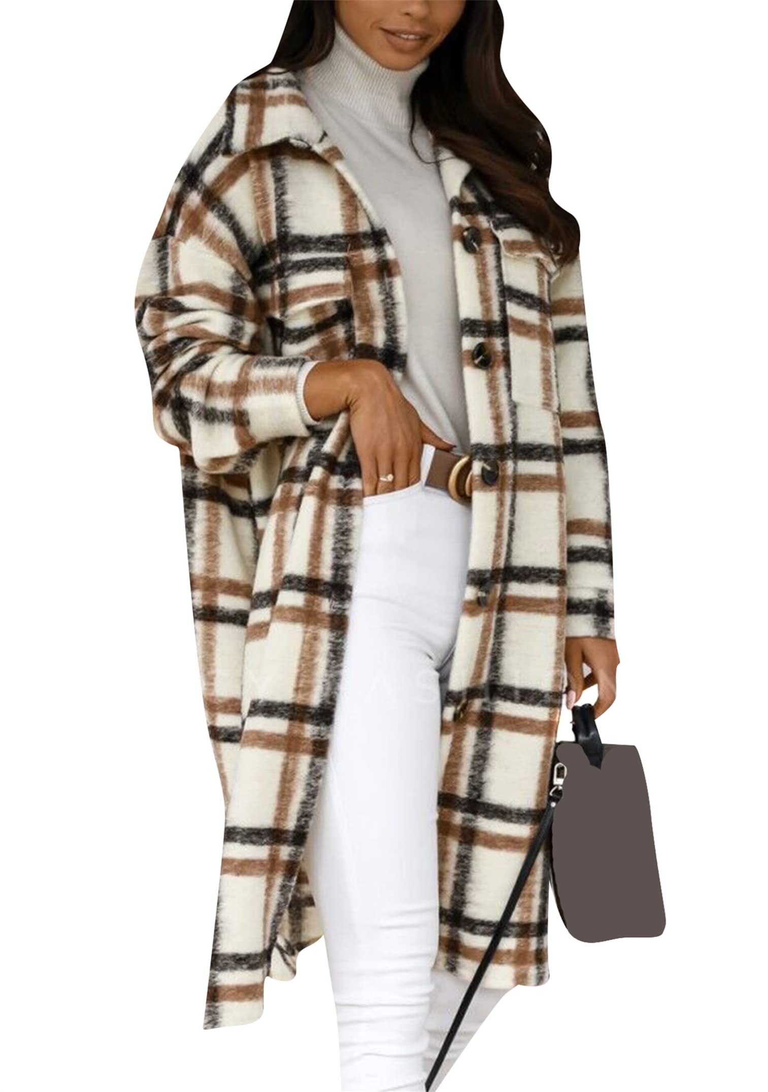 Donna Cappotto Con Risvolto Baggy Button Shackets Camicetta A Maniche Lunghe Casual Check Blouse Outfit Con Tasche