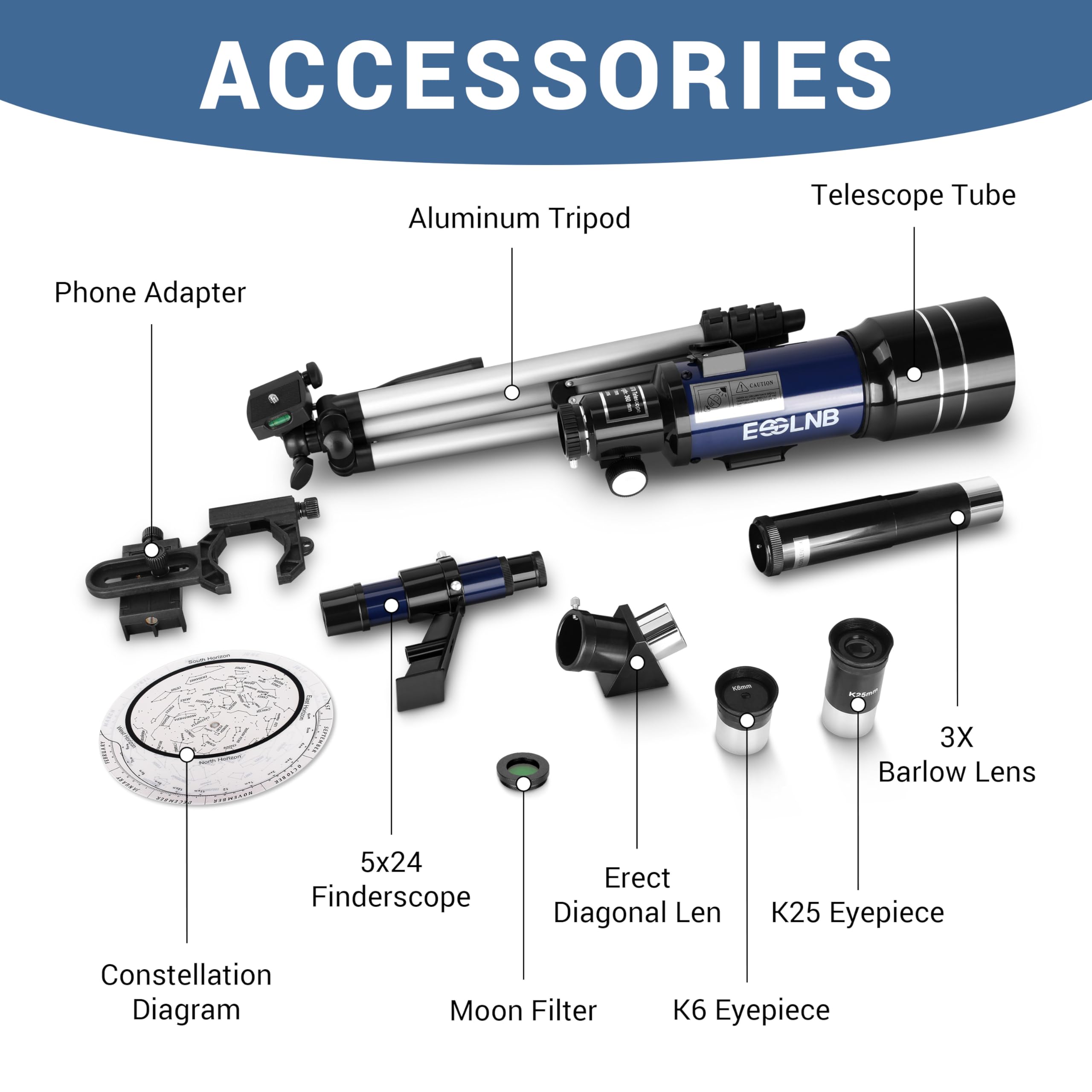 ESSLNB Télescope Astronomique 360/70 pour Adultes Débutants, avec Trépied Ajustable, Adaptateur Téléphonique, Lentille Barlow 3X et Filtre Lunaire, Idéal Observation Lune Planètes