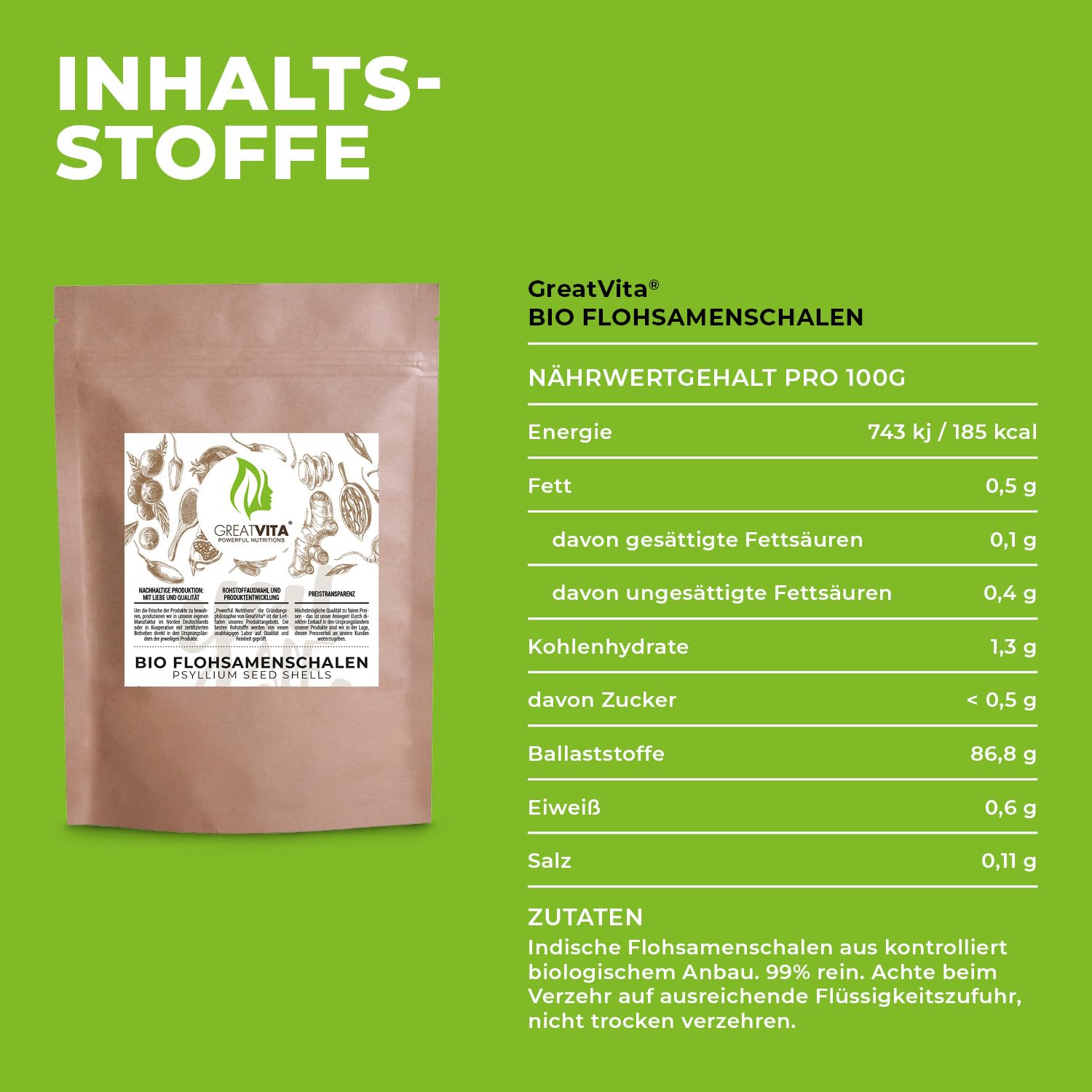 GreatVita Bucce di psillio organico, puro al 99%, (1 x 1000g) Bucce di psillio indiano, ad alto contenuto di fibre e vegano, L'imballaggio può variare