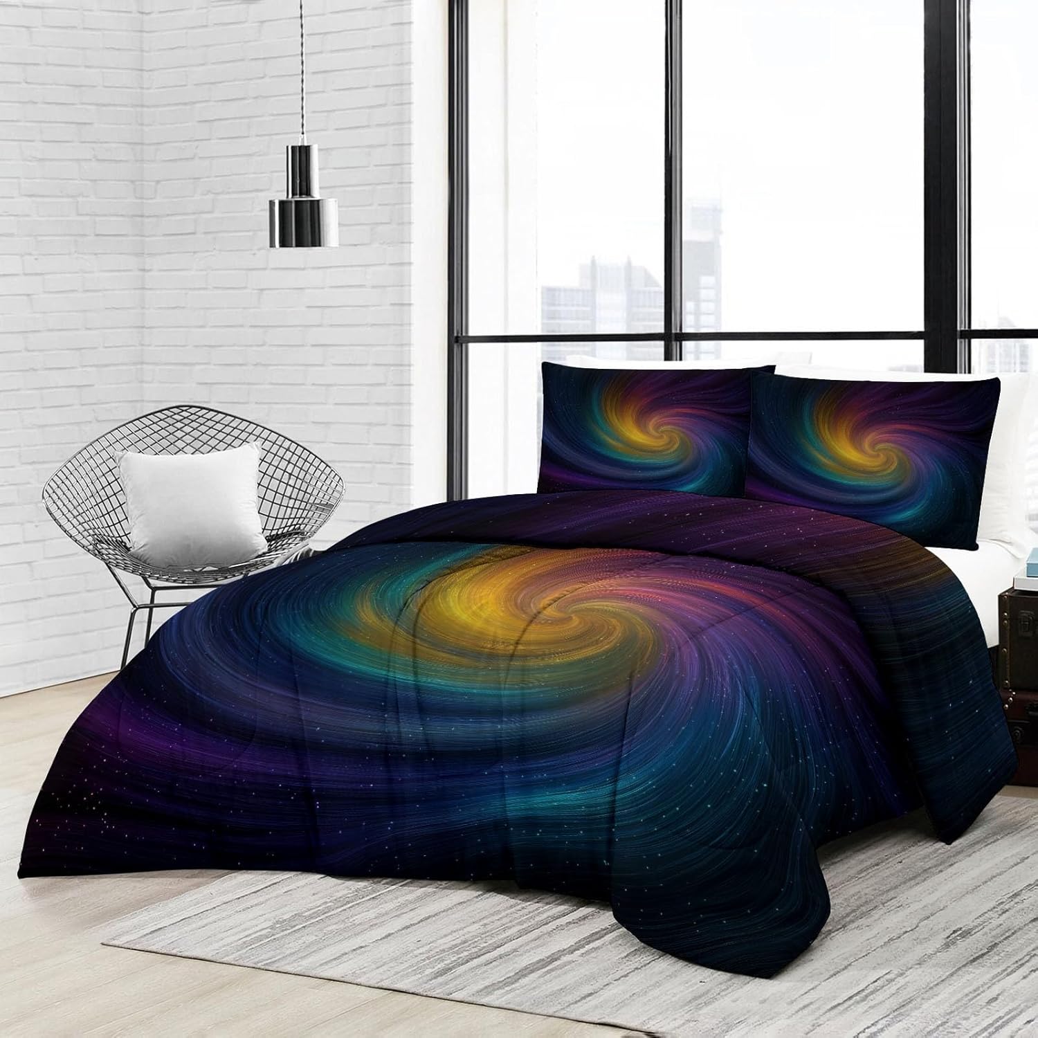 Bedding Galaxy Comforter Set with 2 Pillow Shams, 3 Piece Soft King Bed Comforter Space Striped Stars Bedding for Boys and Girls, Lightweight, Breathable, Easy Care