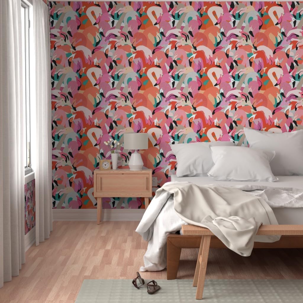Peel & Stick Wallpaper 3ft x 2ft - Orange Pink Large Flamingo Bird Feathers Tropical Florida Coastal Collage Illustration Beach House Custom Removable Wallpaper by Spoonflower