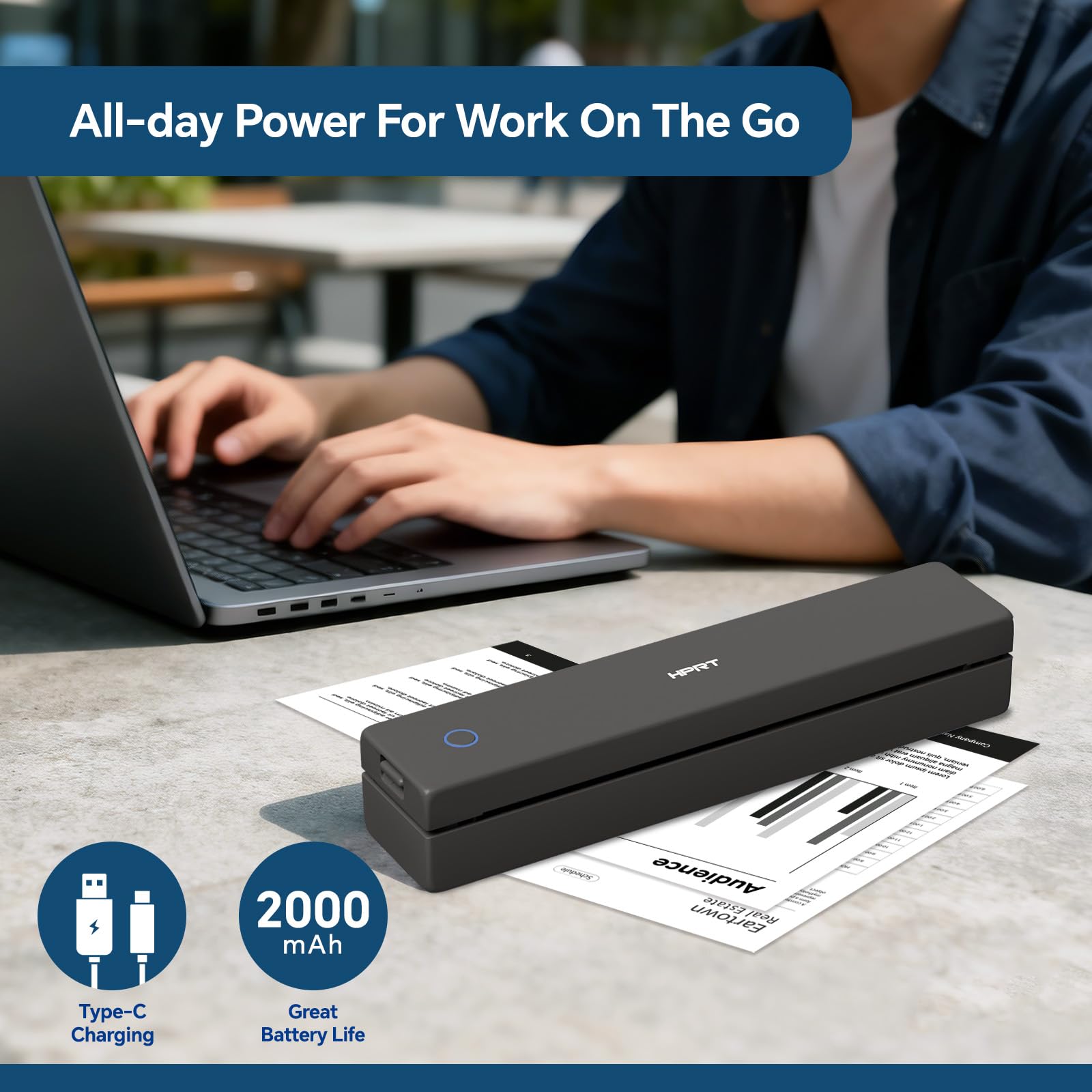 HPRT MT620 Imprimante thermique portable - Imprimante sans encre, compatible avec papier et étiquettes régulières, Bluetooth multi-utilisateurs et alimentation automatique du papier, compatible avec