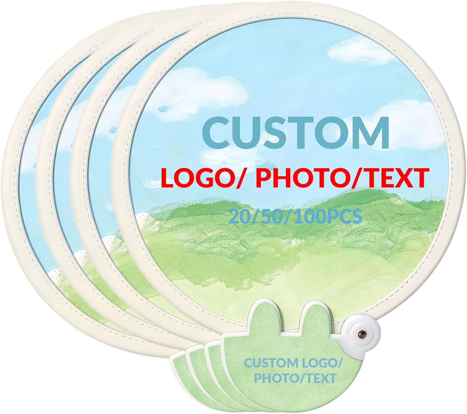 Custom Folding Hand Fans, Personalized Round Wedding Fans, Portable Hand Fan, Custom Logo, Photo or Text Bulk Advertising Fan for Wedding, Exhibition, Outdoor Events& Party Favors (100)