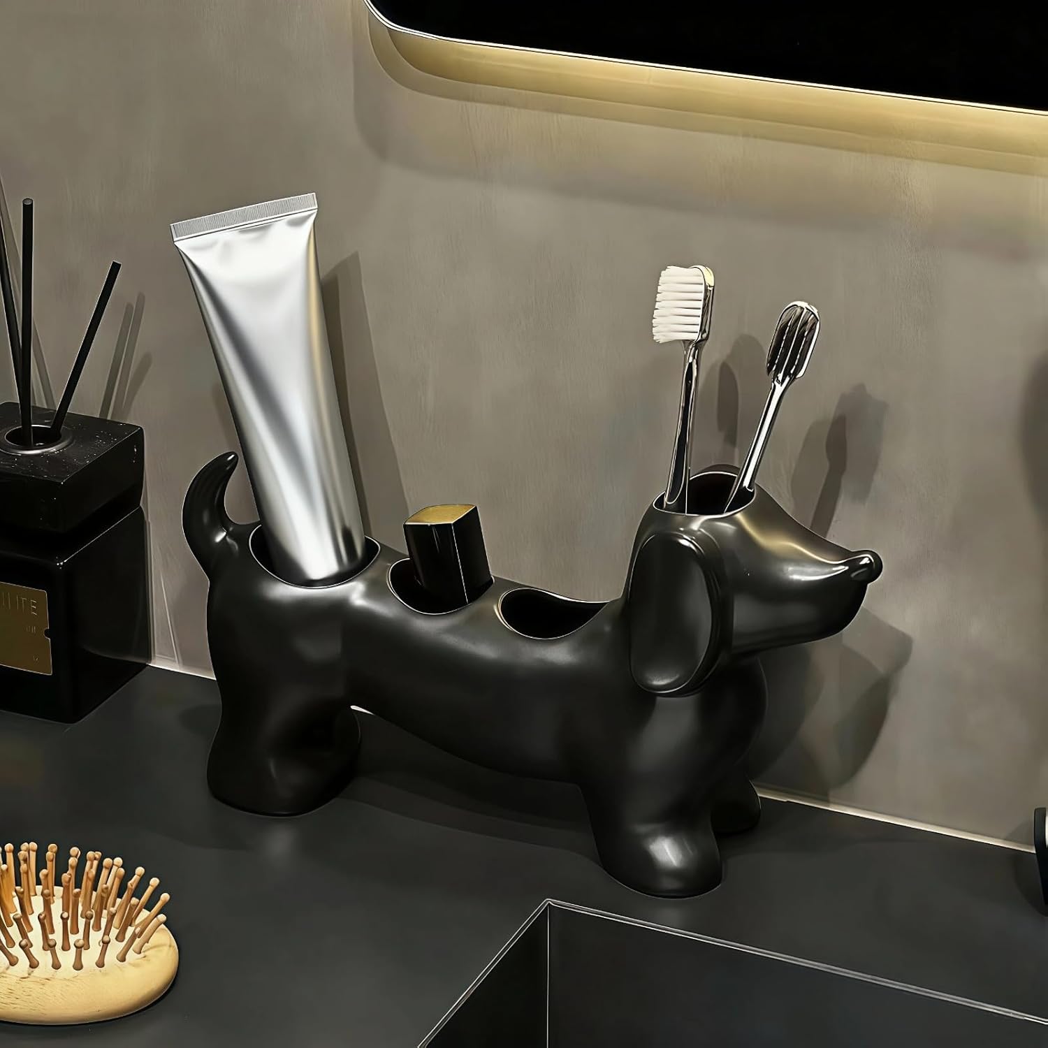 Dachshund Toothbrush Holder, Ceramic Bathroom Organizer with Toothbrush Stand, Countertop Accessories for Bathroom, Cute Home Decor (Black)