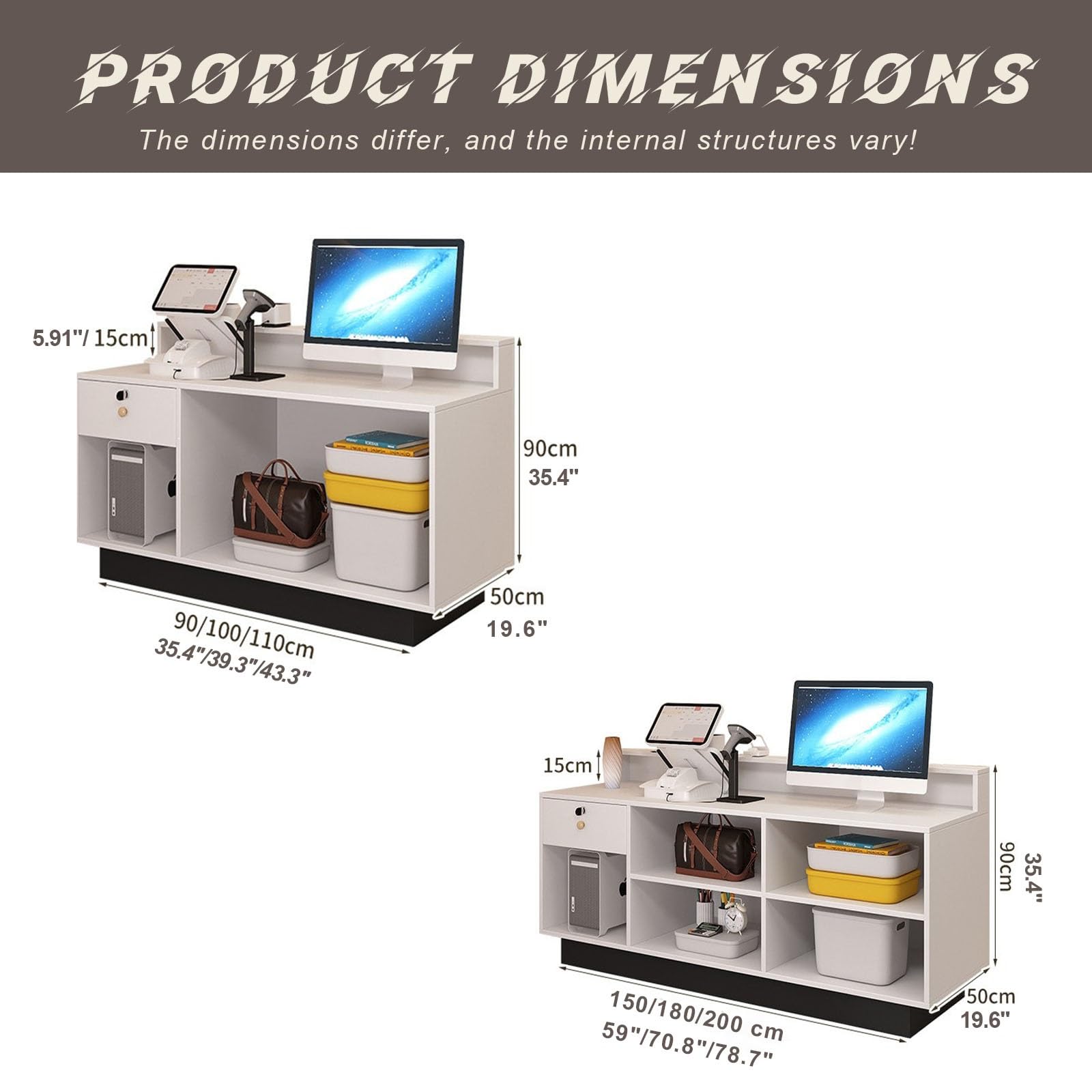 Empfangstheke mit Abschließbarer Schublade, Moderne Rezeption mit Ablagefächern und Großer Arbeitsplatte für Büro, Salon, Praxis und Geschäft(Beige+Brown,200cm)