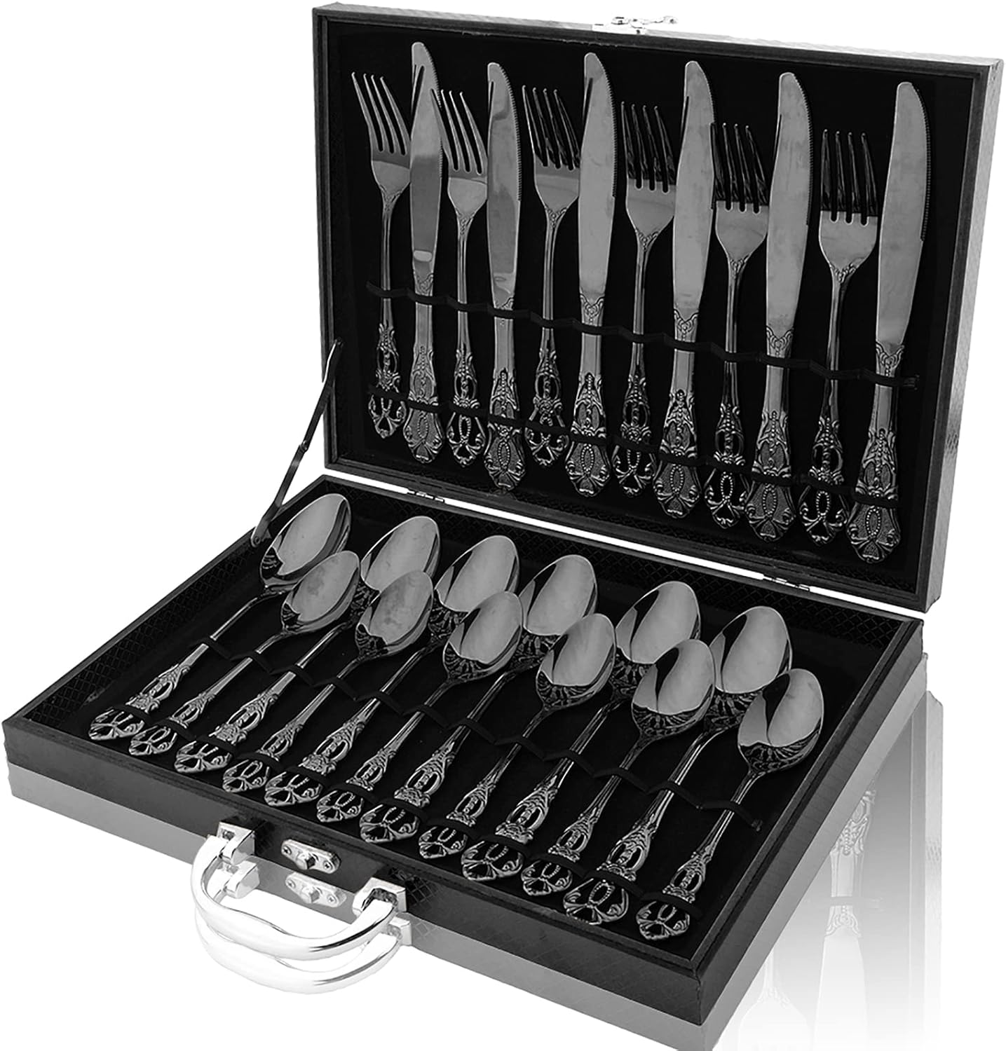 25 Piece Tableware Gift Set, Black Stainless Steel Dinnerware Silverware Set With A Black Box, Dessert Spoon Basic Eating Set For Party Wedding Festival