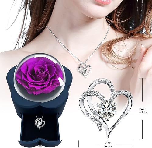 Miniatura 2 de Flores preservadas, rosa, rosa morada real eterna con collar de corazón para novia, mamá, esposa, mujer, regalos del día de San Valentín para ella,