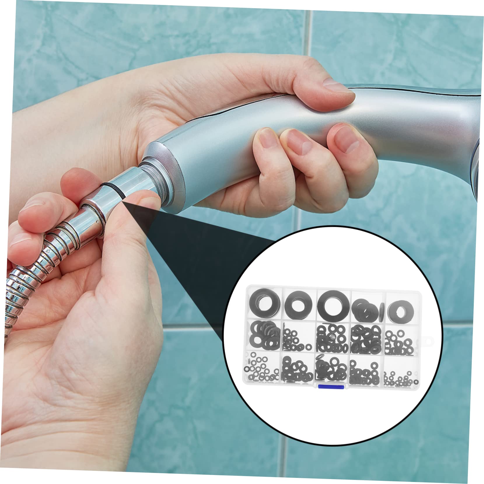 OSALADI Guarnizioni Rubinetto 215 Pezzi, Rondella di Tenuta in Plastica Nera, Assortimento Piatto e Smussato per Lavandino Bagno e Cucina, Riparazione Perdite