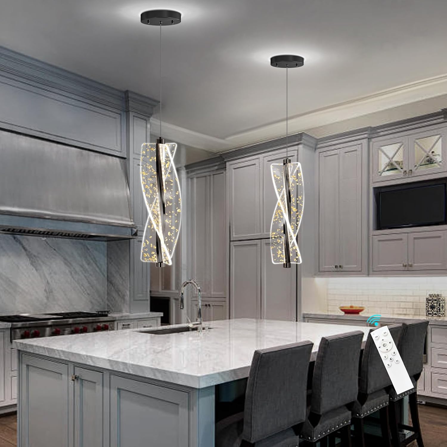 1 Lights Modern LED Dimmable Chandelier for Kitchen Island Acrylic Pendant Lighting Dining Room Living Room Bedroom Black