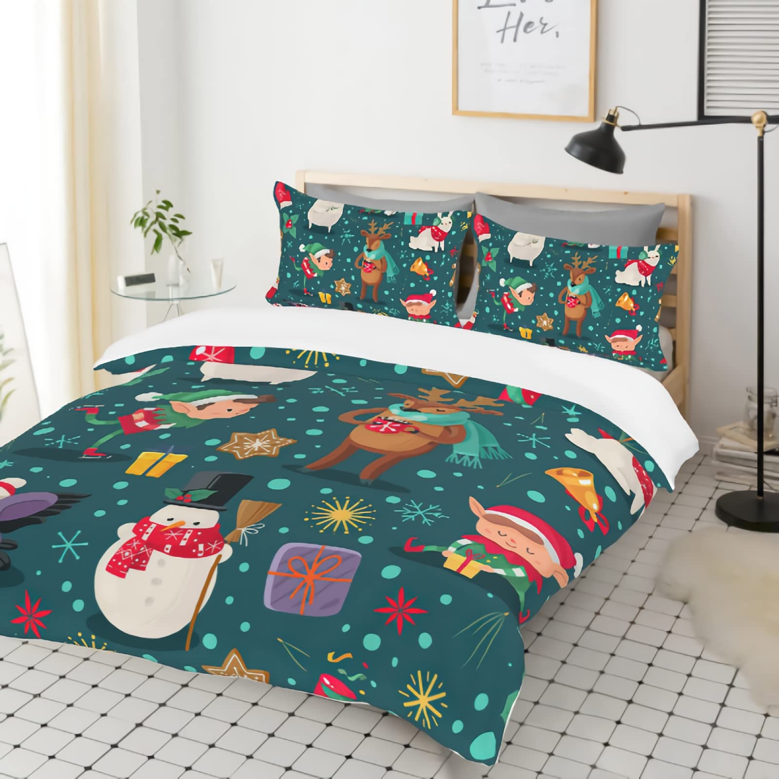 DamnGud Christmas Bedding Set Cute Reindeer for Kids Girls Boys Comforter Set Snowman Pattern for Teenagers Decorate Bed 1 Duvet Cover and 2 Pillow Cases Twin Size
