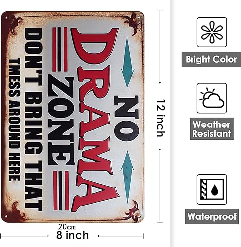 Miniatura 3 de Tommery Letrero de metal vintage con texto en inglés Man Cave Garage, NO DRAMA ZONE DON'T BRING THAT TMESS AQUÍ HERE, divertido letrero de metal