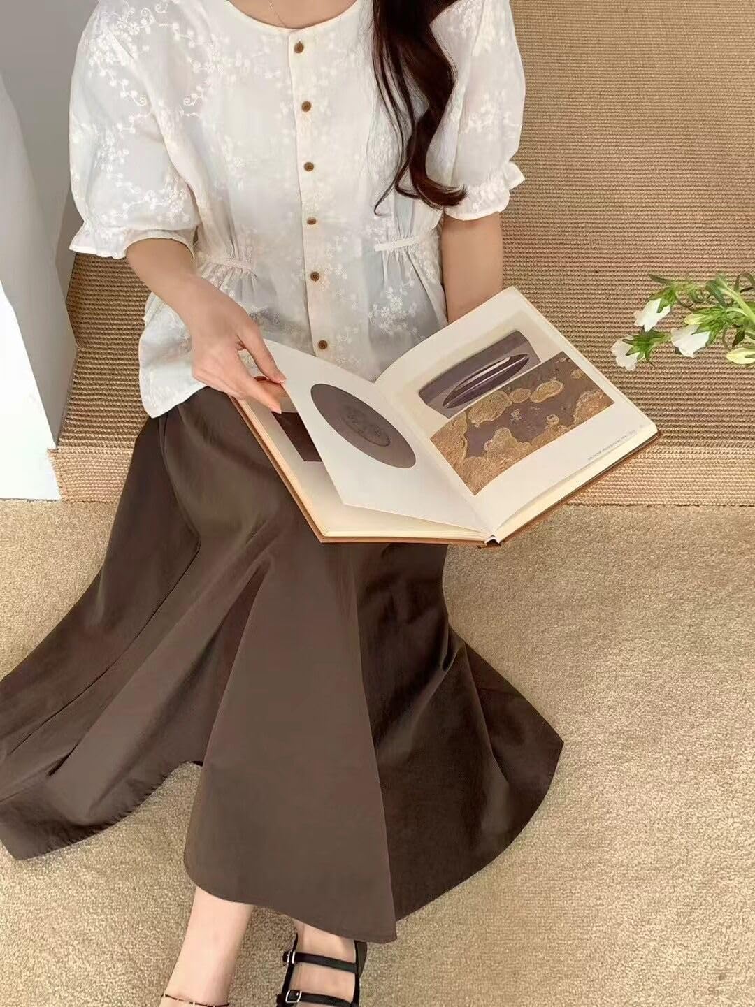 Women's Cotton Linen Embroidered Tunic Blouse Elegant Puff Short Sleeve Crewneck Layered Button Down Shirt - Image 4