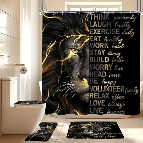Juego de 4 cortinas de ducha de león negro y dorado con alfombras y cubierta para tapa de inodoro, citas inspiradoras, juego de baño de tela