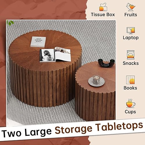 Miniatura 5 de Juego de 2 mesas auxiliares anidadas redondas modernas, mesa de café redonda pequeña de nogal, mesa auxiliar circular pequeña, mesa auxiliar Marrón