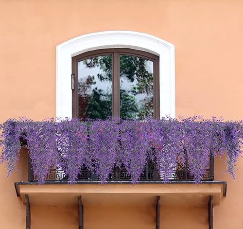 Miniatura 5 de RECUTMS 4 plantas colgantes artificiales para interiores, plantas colgantes falsas de pared, helechos artificiales morados para el hogar, jardín,