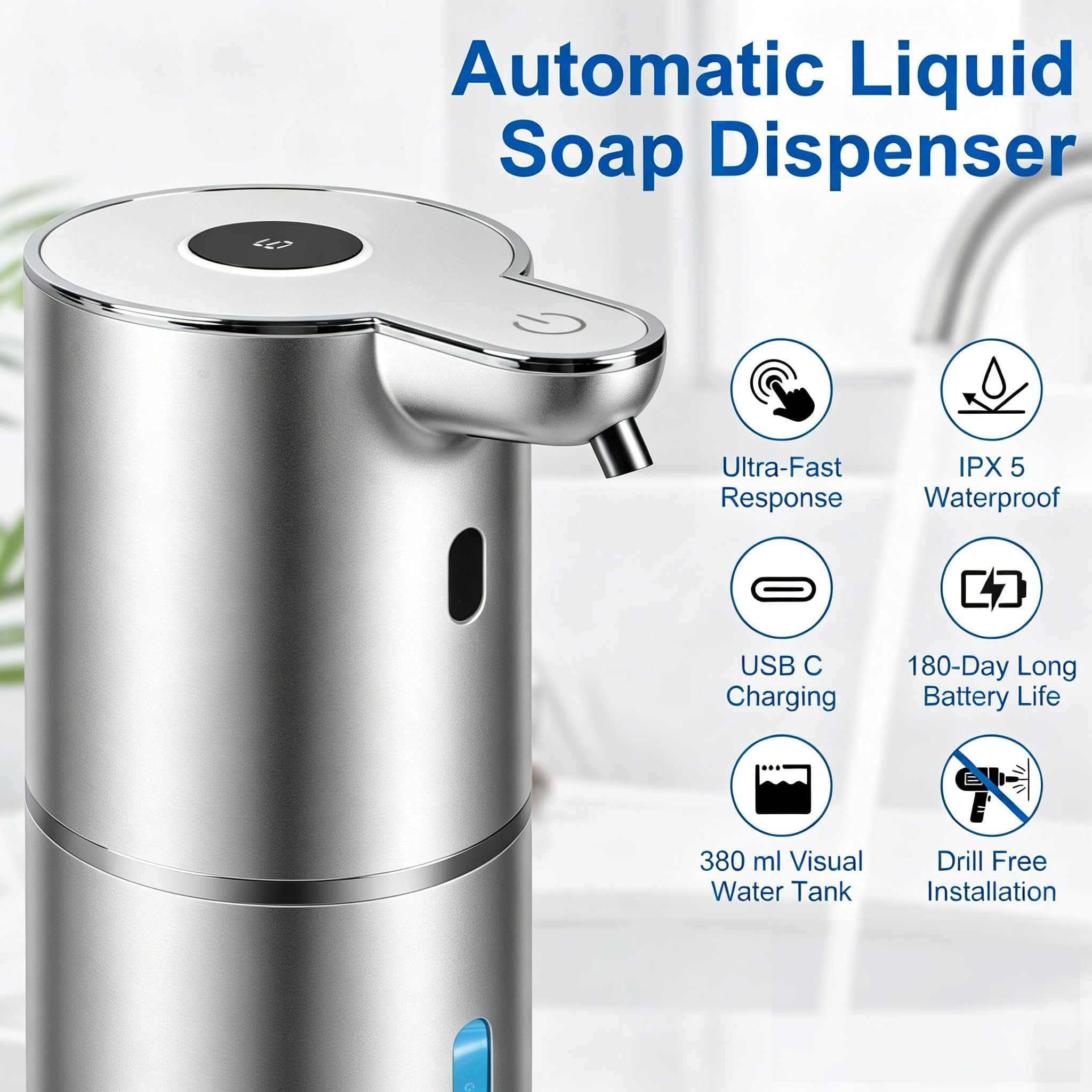 Automatischer Seifenspender, Handseifenspender, 380 ml, intelligenter wiederaufladbarer Flüssigseifenspender mit 6 Stufen berührungslos, Wandmontage oder Arbeitsplatte, Spülseifenspender für Bad und