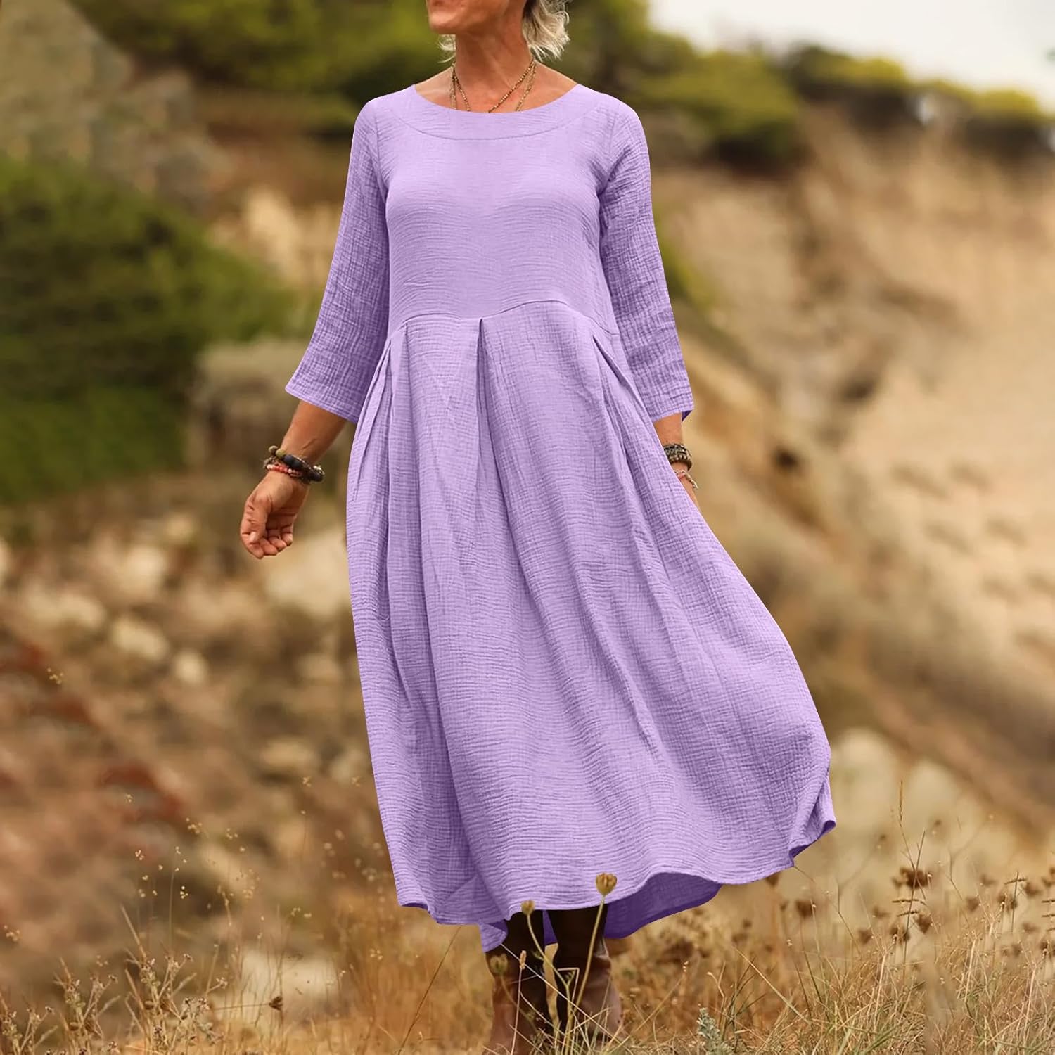 HGps8w 3/4 Sleeve Linen Dresses for Women Summer Loose Crewneck Pleated Elegant A-Line Casual Swing Beach Dress