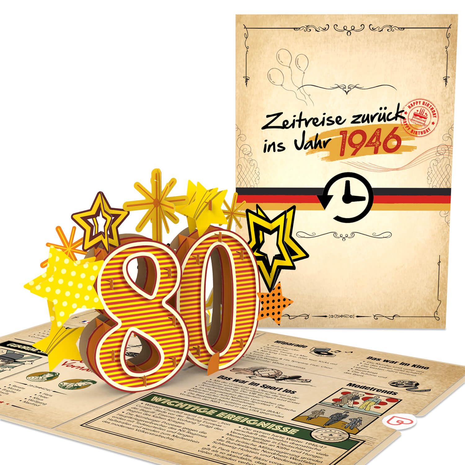papercrush® Pop-Up Karte „Zurück ins Jahr 1946“ - Lustige 3D Geburtstagskarte zum 80. Geburtstag für Frau & Mann - Besondere Glückwunschkarte 80 Jahre mit lustigen Fakten zum Jahrgang