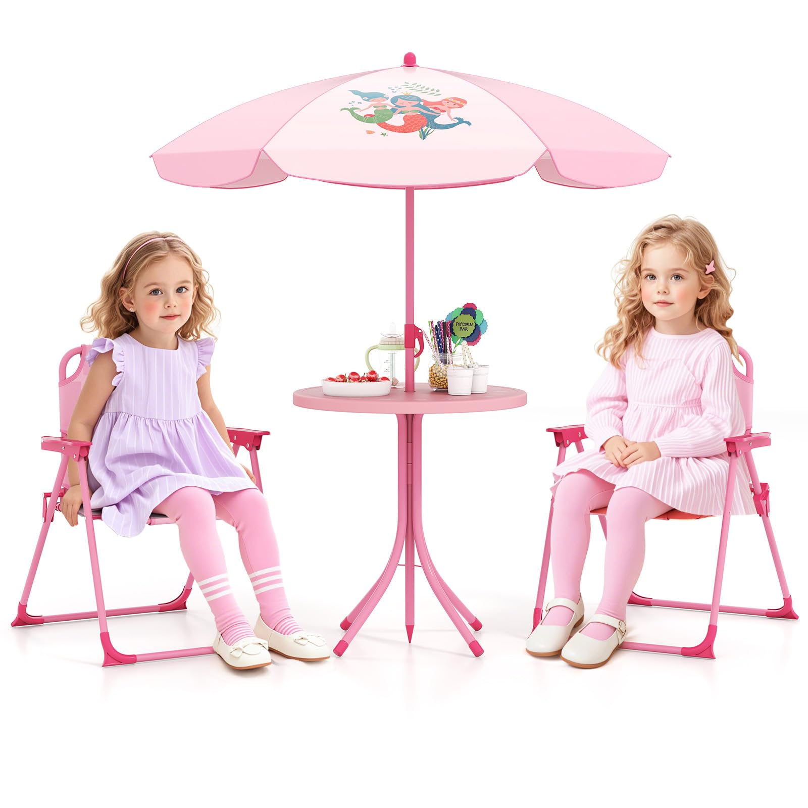 HONEY JOY Kids Picnic Table, Animal Themed Toddler Outdoor Table and Chair Set, 2 Folding Chairs & Removable Umbrella, Children Outdoor Furniture for Backyard Patio Garden (Pink Mermaid)