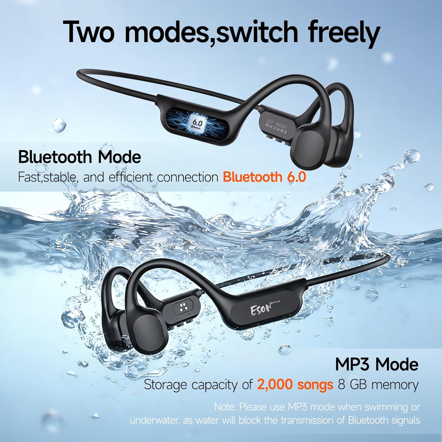 esonstyle Swimming Headphones Underwater - IP68 Waterproof Bone Conduction Headphones Bluetooth 6.0,Bone Conduction Earbuds with 8G MP3 for Swimming Running Cycling Sports (Black)