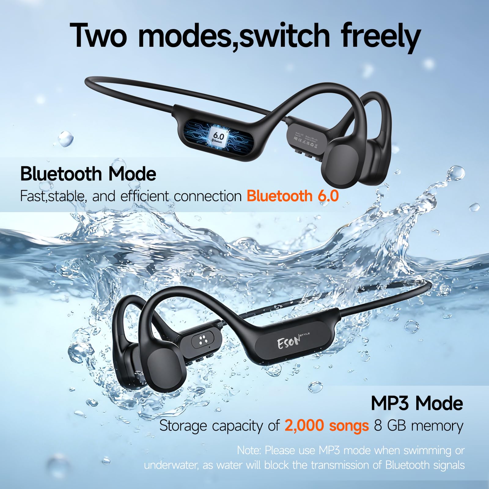 esonstyle Casque Conduction Osseuse Natation Bluetooth 6.0,Casque Étanche IP68,Ecouteur Waterproof Natation Écouteurs Ouverts sous l'eau avec MP3 8G pour Course à Pied, Cyclisme, Sport