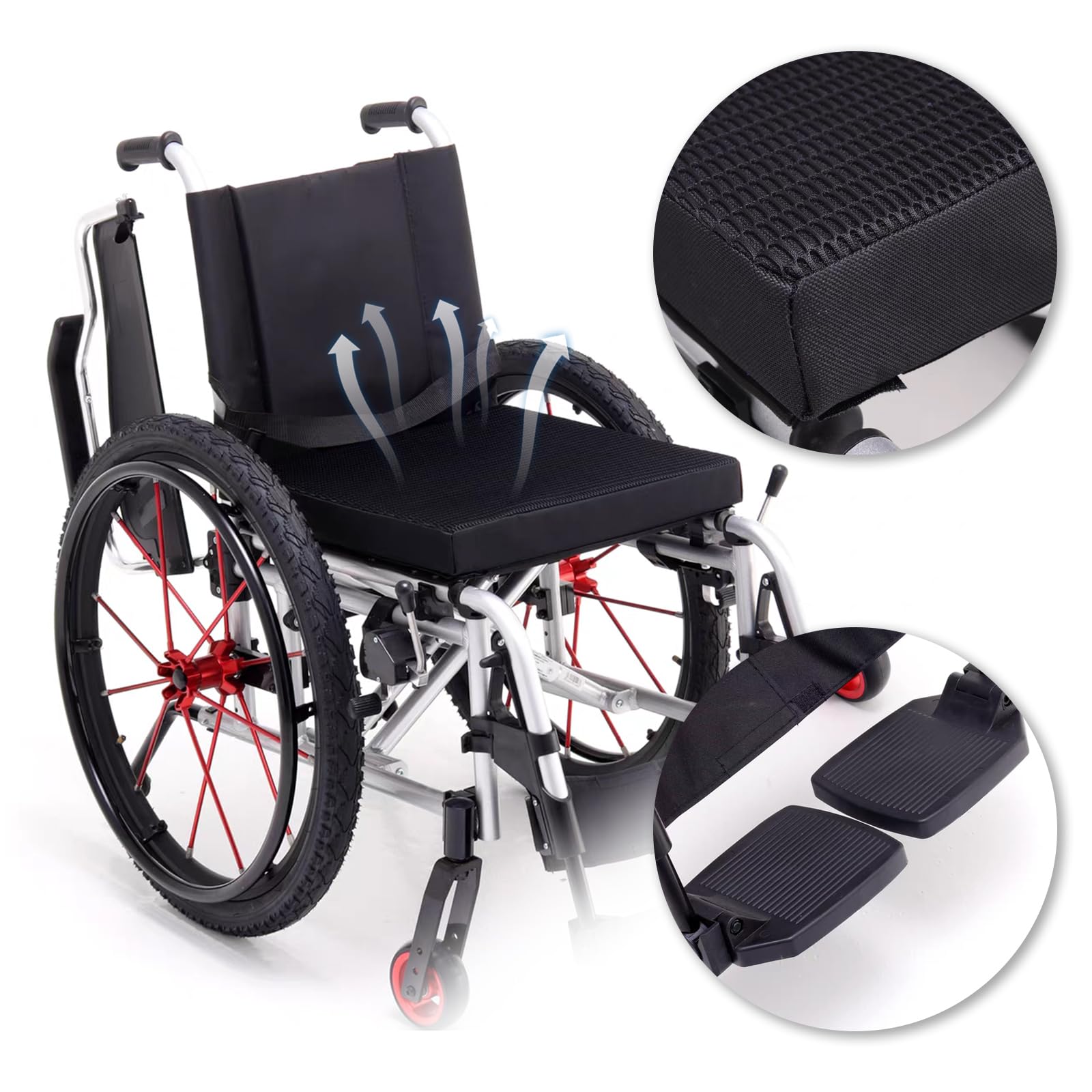 Silla de Ruedas Deportiva Manual Plegable,Ultraligera de Aleación de Aluminio,Transporte Fácil,Freno de mano, liberación rápida, Cinturón de seguridad,Altura regulable(62*101*90cm/24.4*39.7*35.4in)
