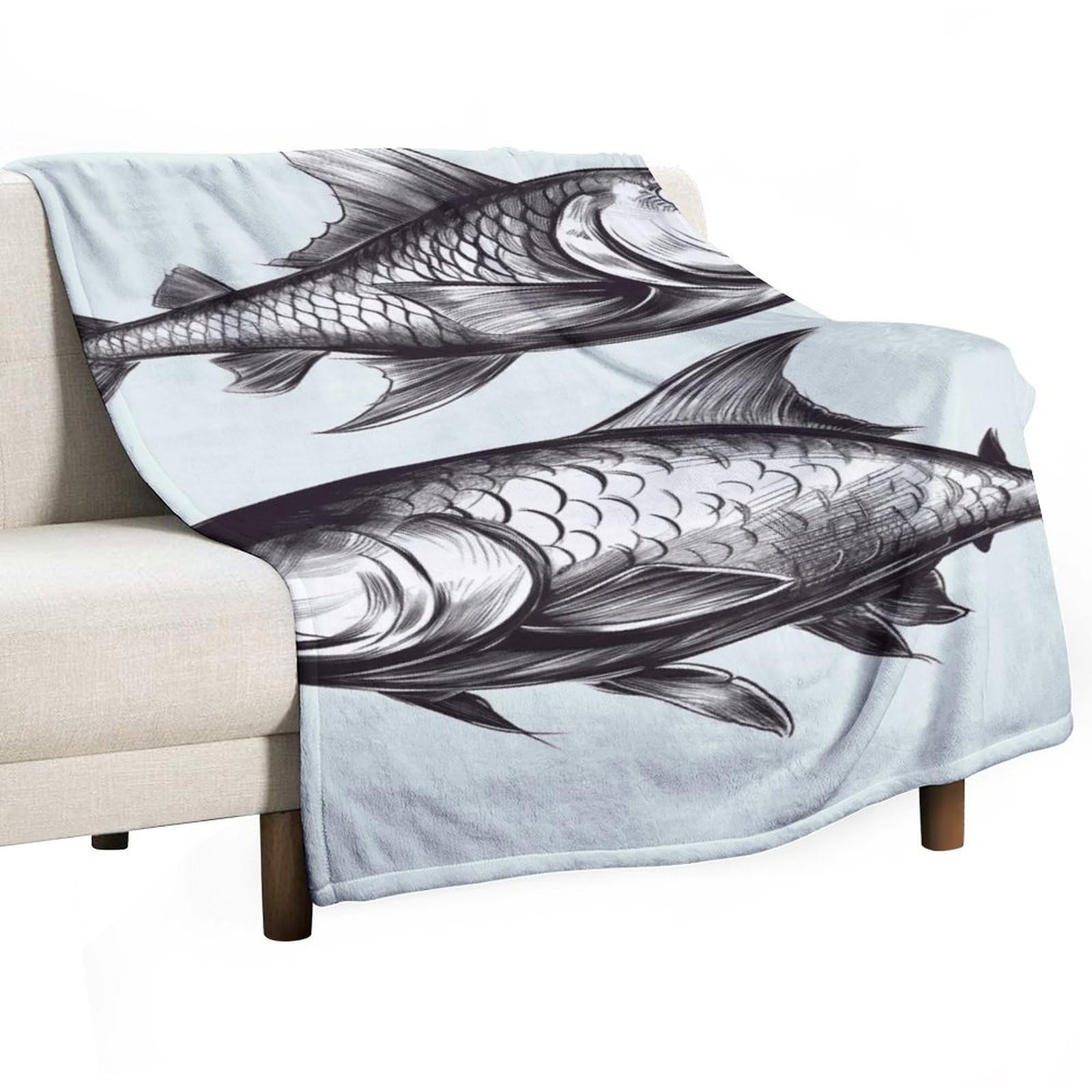 Couverture flanelle douce haut de gamme motif croquis de poisson