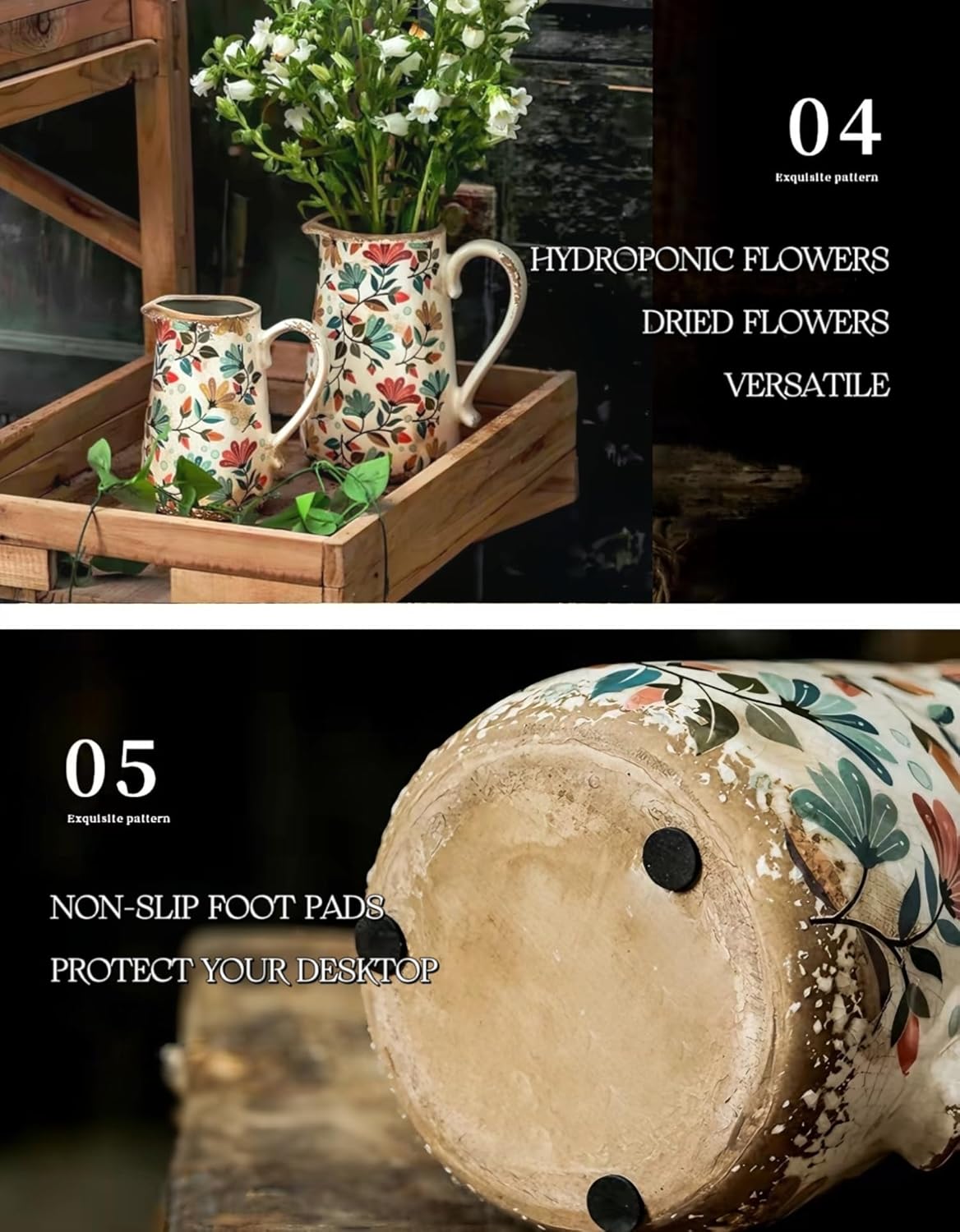 Vintage Colorful Flower Ceramic Vase with Handle, Retro Ice Glazed Crack Farmhouse Pitcher Vase for Home Decor, Living Room, Shelf, Office, Rustic Table Centerpiece 9 Inch - Image 4